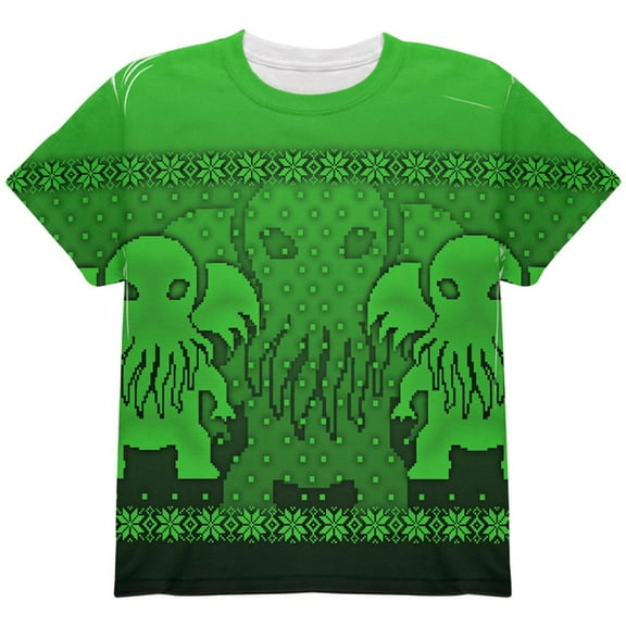 Ugly Christmas Sweater Big Cthulhu Greater Gods All Over Youth T Shirt Multi YMD