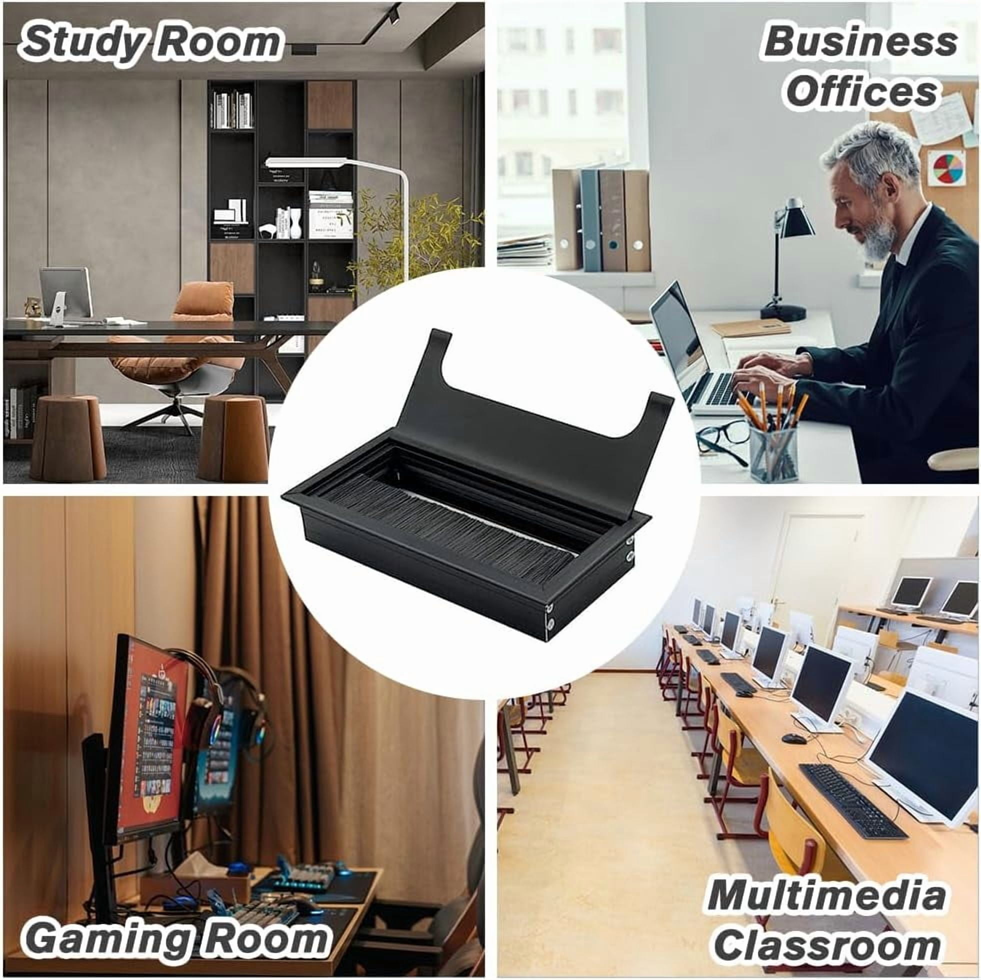 1 bag 4pcs Aluminum Cable Grommets Wire Hole Cover with Brush inside for Management of Home Office Computer Desk Rectangle Black 160x80x25mm