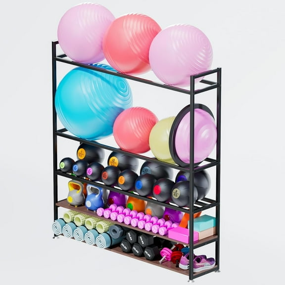 Ztysn 5.9FT Home Gym Storage Rack with Medicine Yoga Ball Rack Holder for 75cm Exercise Ball,Heavy Duty Workout Equipment Rack Organizer for Garage,Basement,Metal/Black
