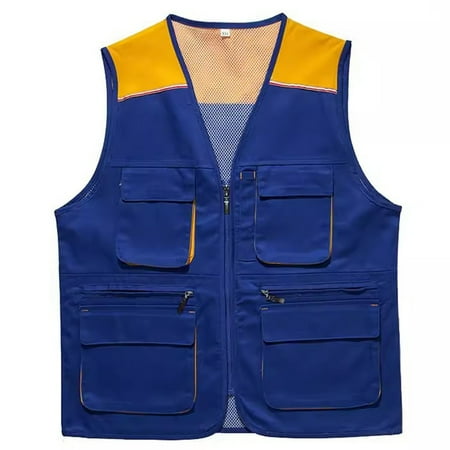 JSGEK Men s Utility Vest Multi-Pocket Work Vest Breathable Mesh Back Zippered Vest with Pockets for Construction Work Fishing Photography Blue XXXL