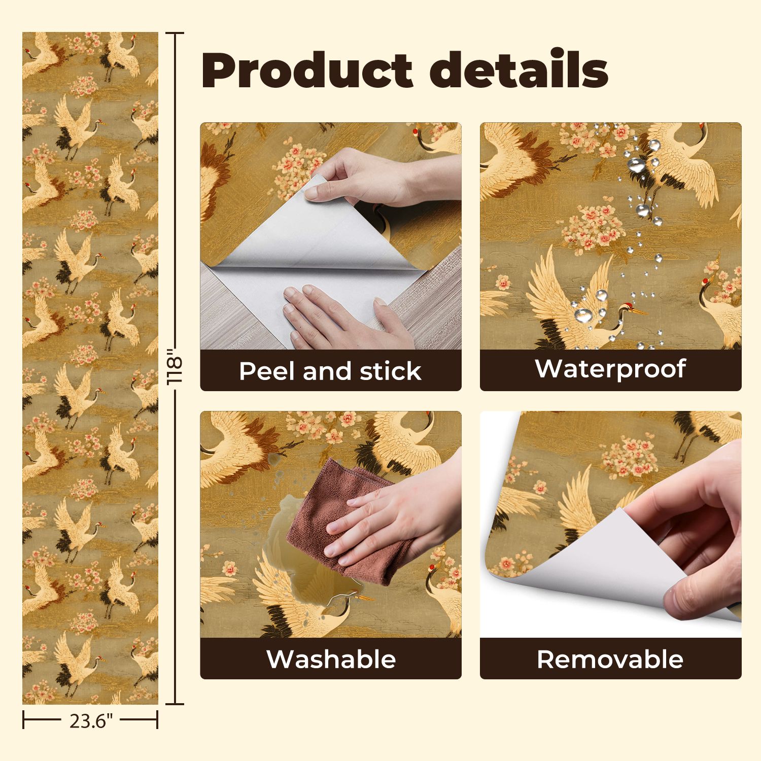 Cranes Peel and Stick Wallpaper 23.6in x 9.8ft Elegant Crane Birds Among Cherry Blossoms Golden Contact Paper Vinyl Waterproof Self Adhesive Wall Paper for Bedroom Shelf Cabinet Renter Friendly