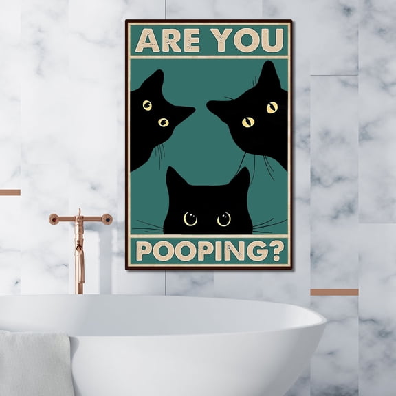 Funny Black Cat Wall Art - "Are You Pooping?" Vintage Bathroom Decor Poster - Retro Gothic Home Decor for Apartment or House, 8 x 12 Inch