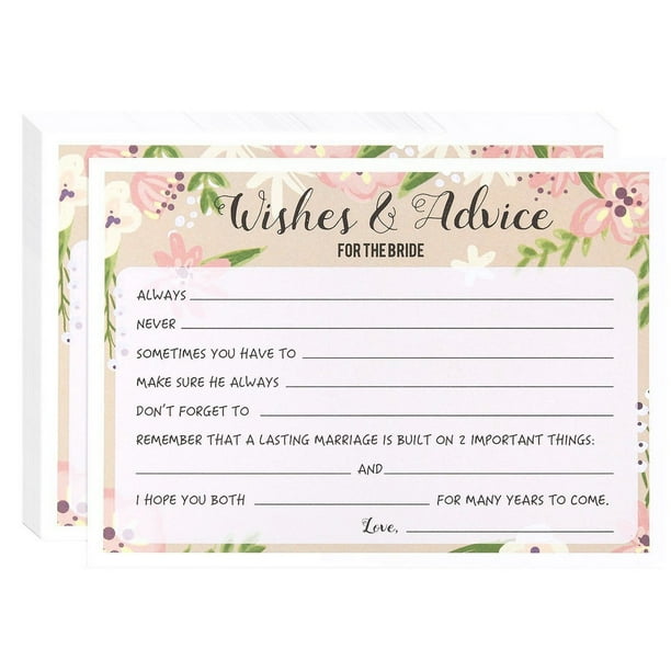 Marriage Advice and Well Wishes for Bridal Shower 50 Sheet Floral Wedding Game Cards, Rustic
