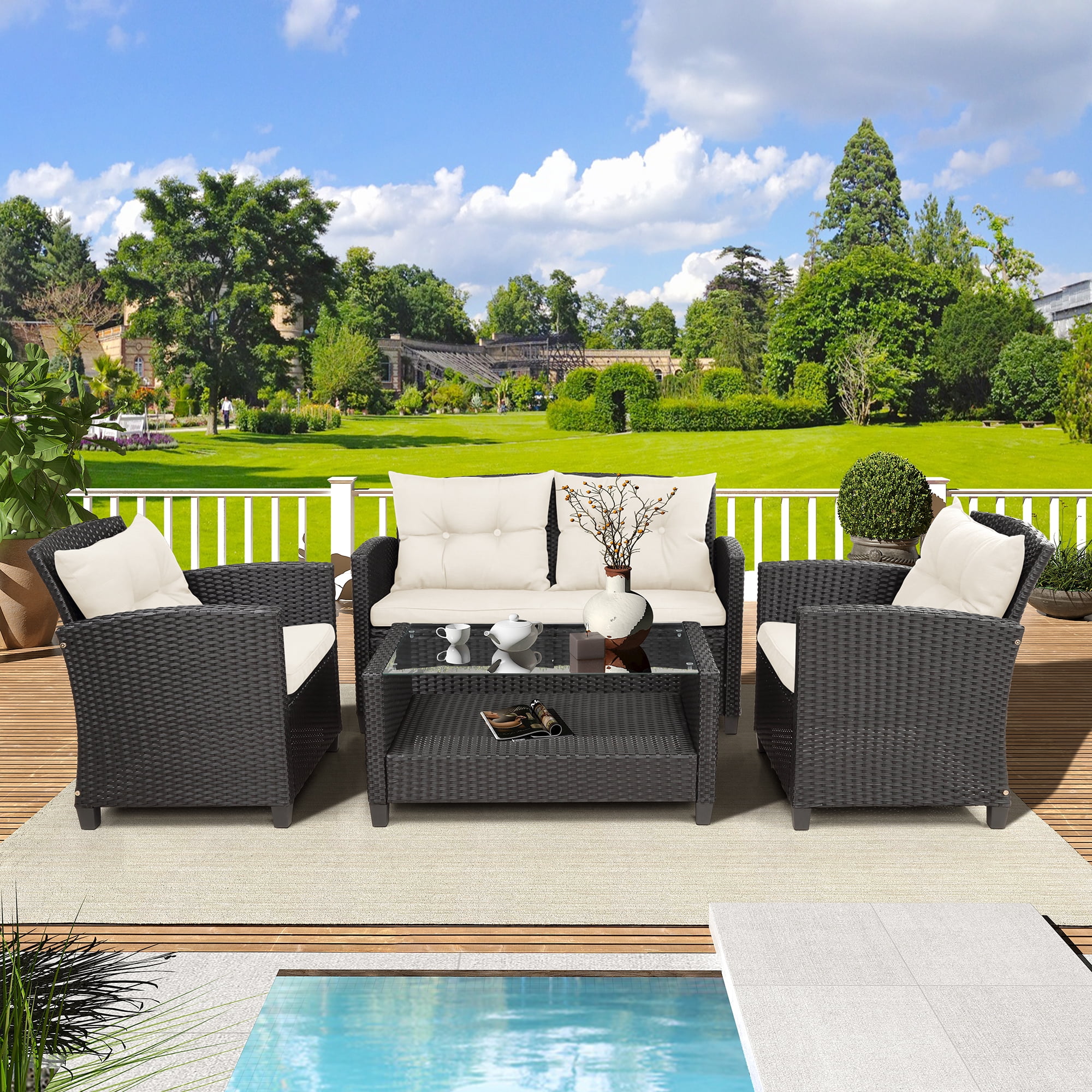 Details about   4 PCS Patio Furniture Set Wicker Sofa Set Outdoor Garden Beige Cushions Modern 