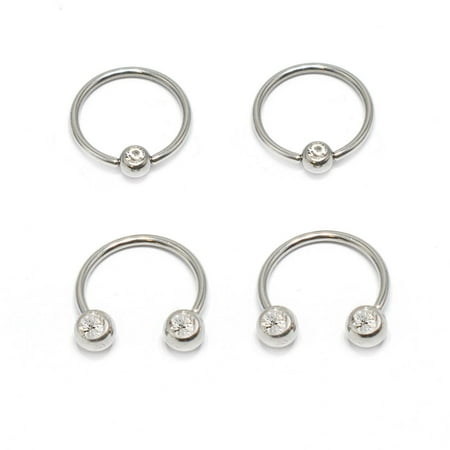 Nipple Gem Captive Bead Ring - Captive Bead Ring & Circular Barbell 16G Horseshoe 4pc With Front Facing Clear CZ Gems Multi-functional Lip/Nose/Nipple/Eyebrown Captive Hoop Ring Barbell Tragus Cartilage