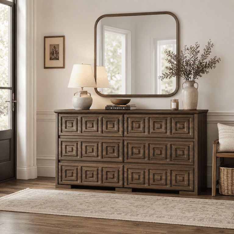 Aufeile 54" Walnut Farmhouse Dresser, 6-Drawer photo 3