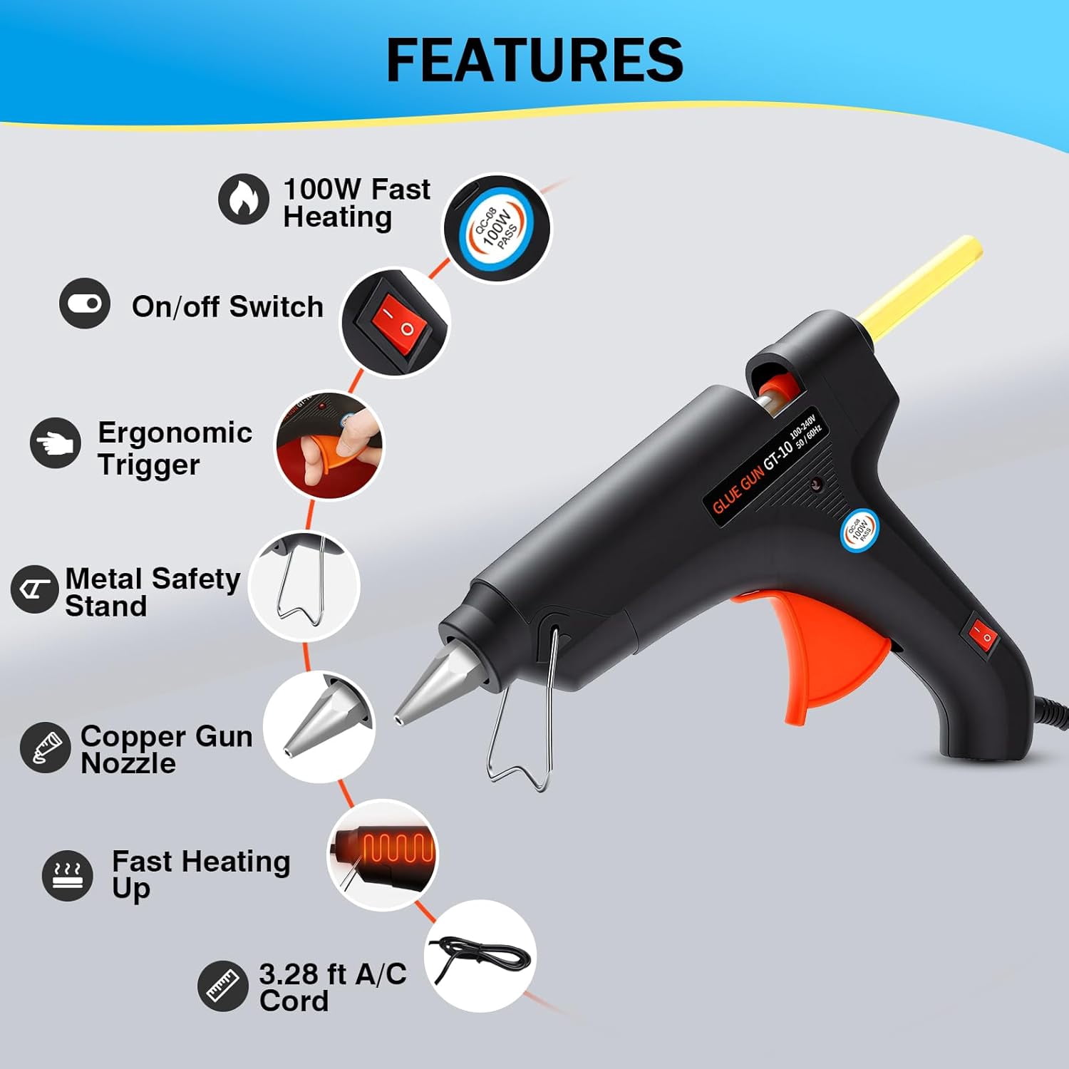 100W Full Size Hot Glue Gun Dent Reomval Kit with 20Pcs High Adhesion Sticks (7/16"), Fast Preheating Melt and Set for Craft DIY Quick Home Repairs