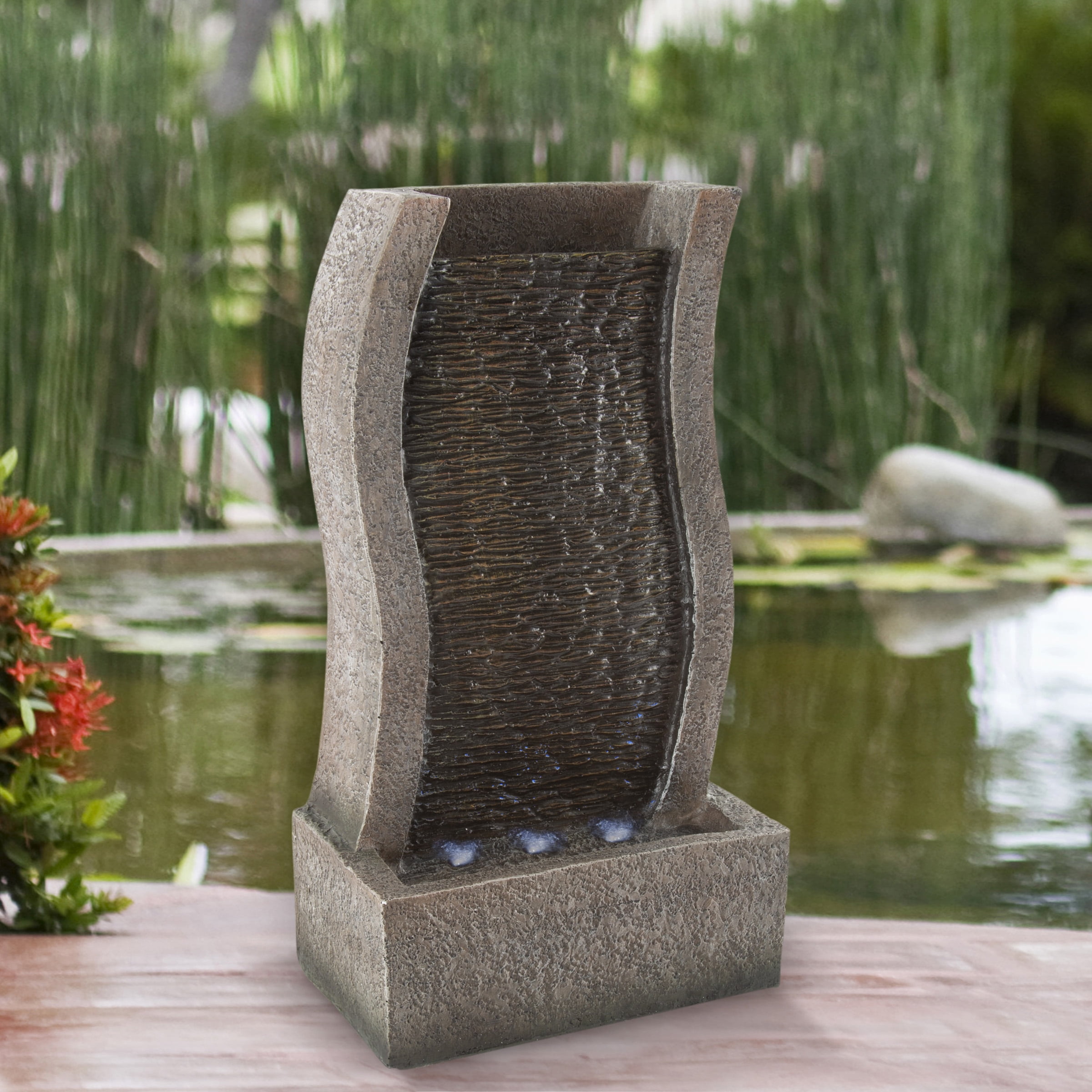 Layered Stones Indoor Outdoor Polyresin Water Fountain LED Lights Garden Statues 