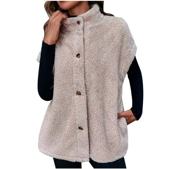Perfectbot Womens Sherpa Lightweight Coats Cap Sleeve Button Up Vests Fall Winter Thermal Outerwear