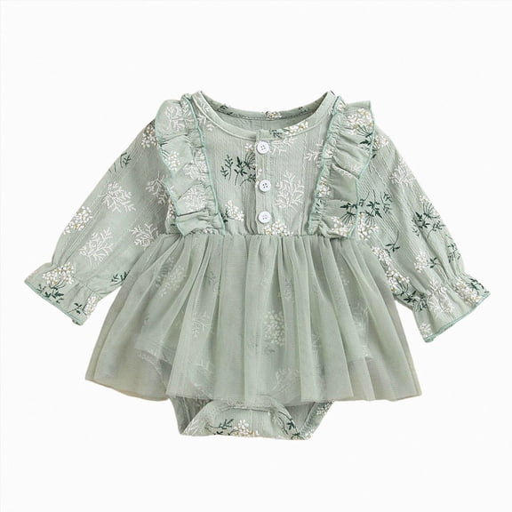 zuwimk Newborn Infant Baby Girl Christmas Outfit Embroidery Long Sleeve Smocked Bubble Romper Ruffle Bodysuit (0-3 Months,Green)