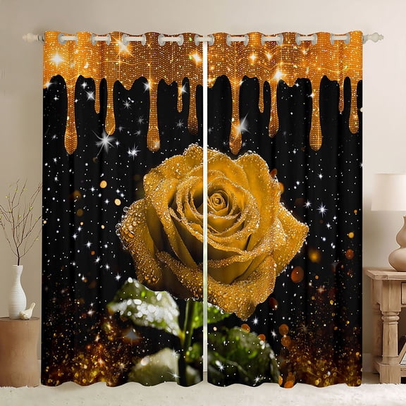 Homewish Gold Glitter Print Black Out Curtains,Romsntic Yellow Rose Curtains Pack of 2 (42x63 Each),Rustic Flower Floral Bedroom Curtains For Adults,Ultra Soft Home Decor