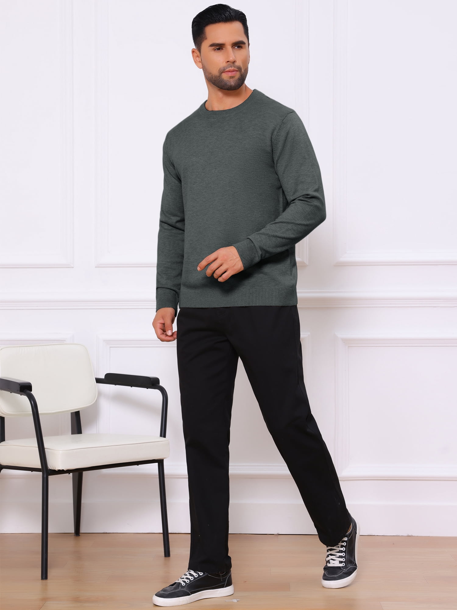 DARING DIVA Men's Solid Crew Neck Long Sleeve Soft Knit Pullover Sweater L Dark Gray