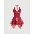 thumbnail image 2 of Vestido Corto Halter Rojo Con Estampado Solar Retro Y Falda Asimétrica, 2 of 17