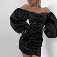 thumbnail image 2 of Women's Lantern Long Sleeve Tight Dress Ruched Off the Shoulder Elegant Mini Dresses Club Cocktail Dress, 2 of 7