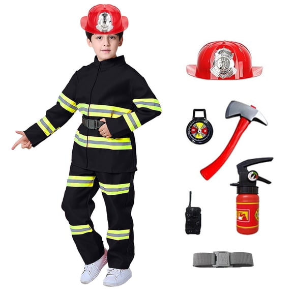 JCCXIN Toddler Kids Boys Girls Halloween Fireman Outfits Career Role Play Dress-Up Party Clothes Coat And Pants With Accessories Set Trick Or Treat School Carnival Funny Outfit Sets,Red,3-4 Years