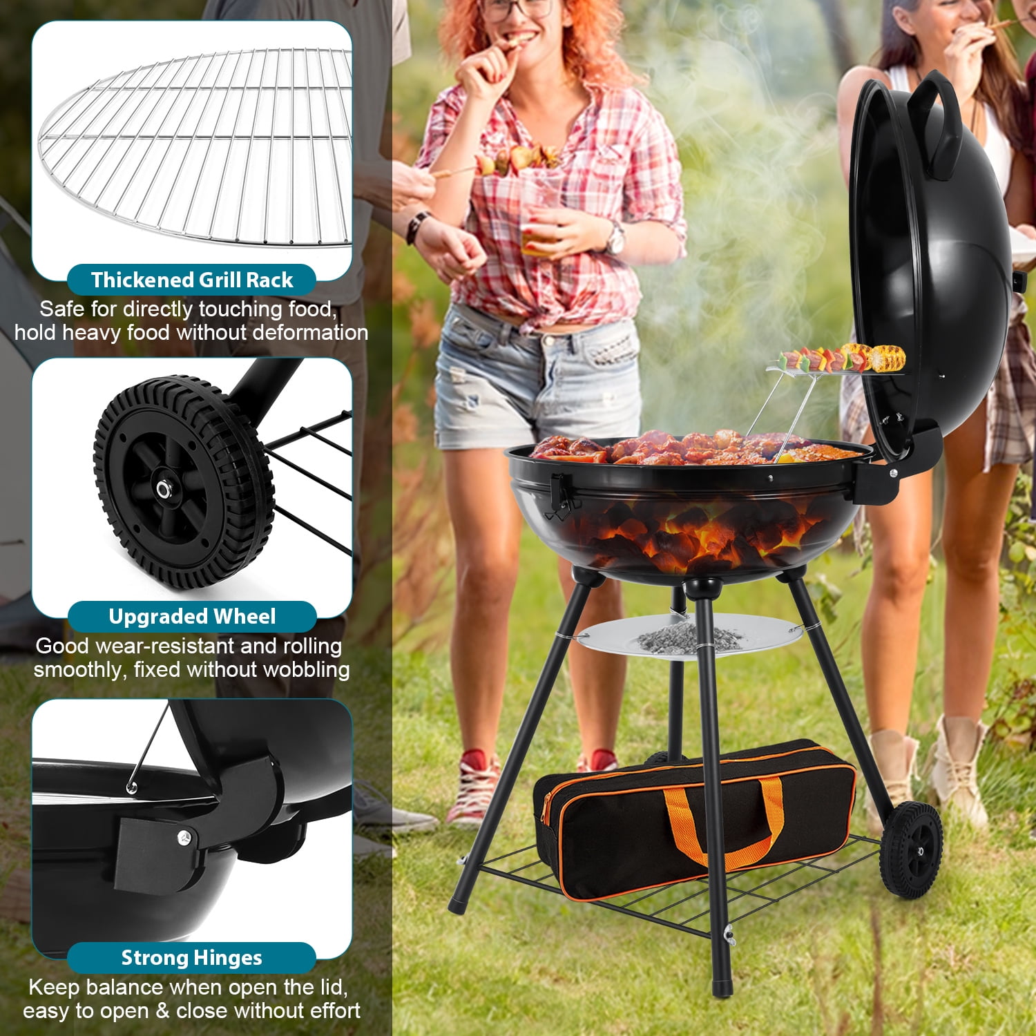 Walchoice 22 inch Charcoal Grill with Wheels & Thermometer, 2 Layer Grilling Racks Heavy Duty Barbecue Grill for Backyard Camping BBQ Cooking, Black Enamel Lid & Bowl