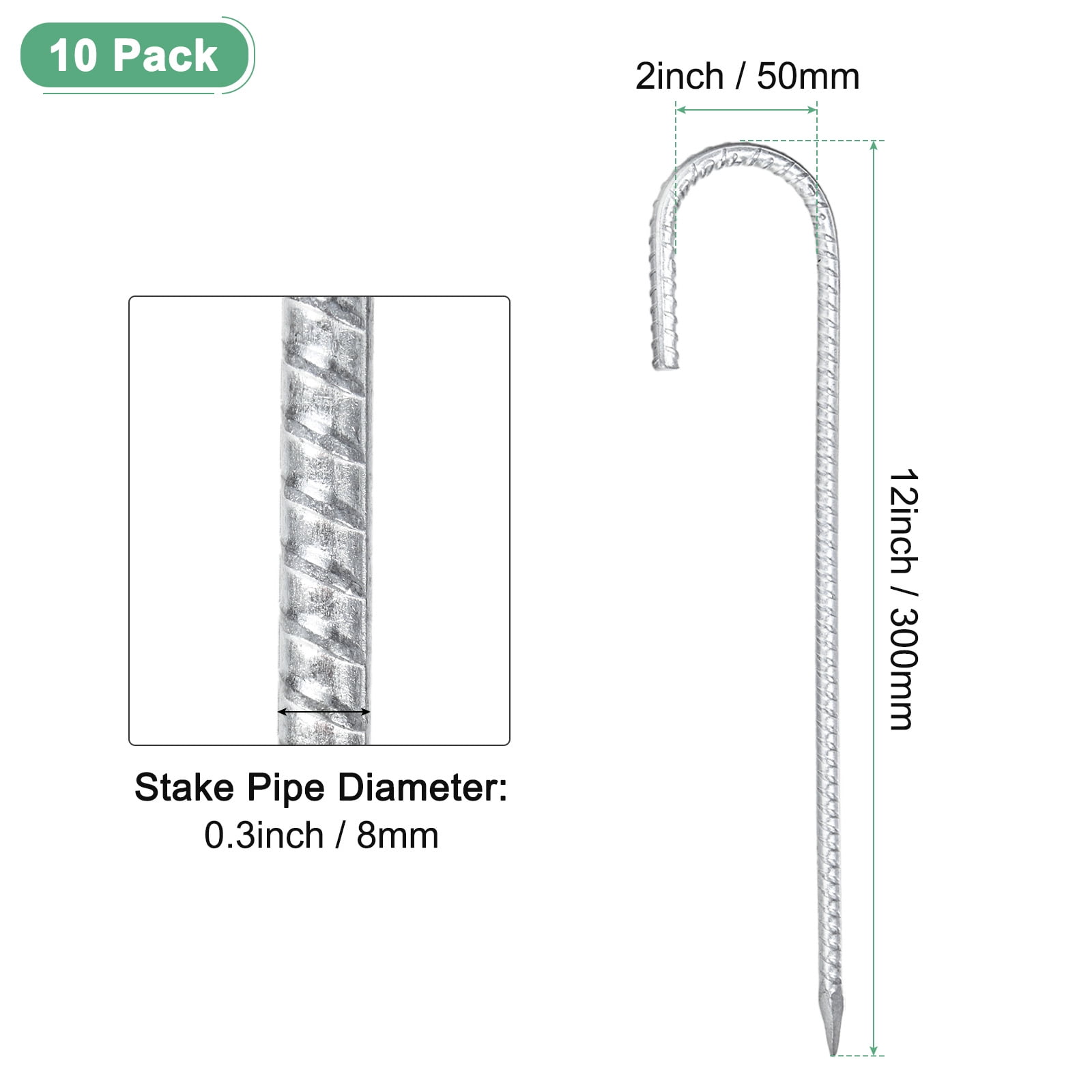 Uxcell 10-Pack J-Shape Hook Ground Stakes 12 Inch Steel Metal Camping Tent Stakes for Swing Sets/Fence Stakes