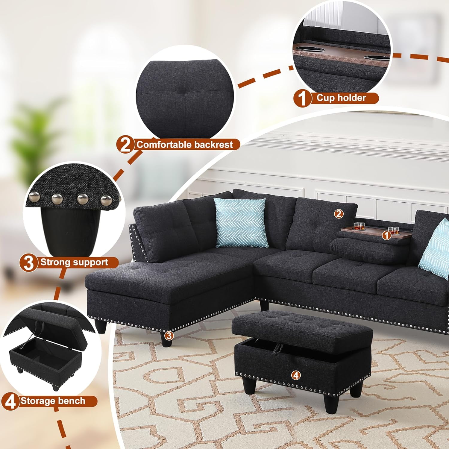 AENKYO 98" L-Shaped Sectional Sofa with Reversible Chaise, Storage Ottoman & Cup Holders, Charcoal Gray