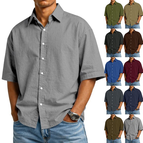 Zimjoy Men's Button Up Shirts Short Sleeve Collared Shirts Casual Cotton T-shirts with Pocket, Black L