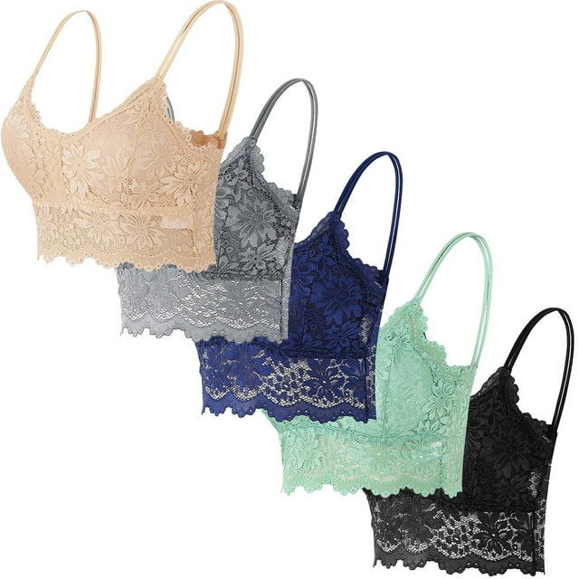 5 piezas de sujetador de encaje con tirantes sólidos y huecos para mujer, ropa interior de poliéster