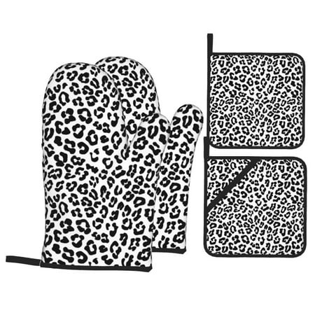 

Oven Mitts and Pot Holders Sets 4 pcs - white black Leopard fashion Heat Resistant Silicone Oven Gloves with Non-Slip Silicone Surface and hot pads for kitchen Baking Cooking BBQ