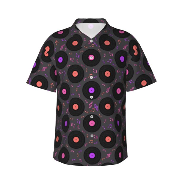 Balery Vinyl Records Musical Notes Camisas hawaianas de manga corta para hombre, camisas playeras de corte holgado, camisas de vacaciones con botones,Large