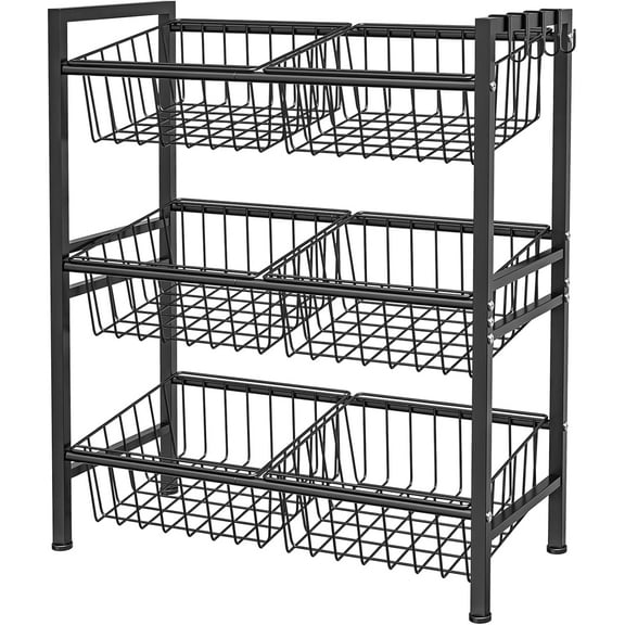 Kitchen Storage Shelf with Baskets, Snack Storage Shelf, 27.1''W / 12.2''D / 32.3''H 3 Tier Fruit Basket Stand, Metal, Black