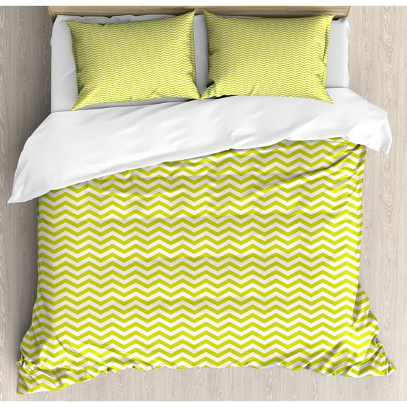 Chevron Duvet Cover Set Queen Size, Repeating Abstract Geometrical Modern Pattern with Zigzag Waves Print, Decorative 3 Piece Bedding Set with 2 Pillow Shams, Yellow Green and White, by Ambesonne
