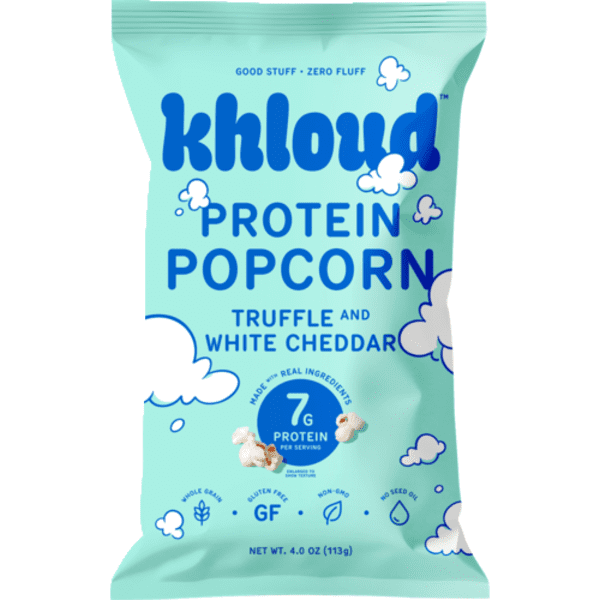 1x Khloud Popcorn Truffle And White Cheddar Protein Popcorn with pen