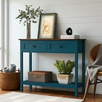 GZXS 39.37" Farmhouse Entryway Console Table with 2 Drawers and Bottom Shelf – Rustic Narrow Sofa Table for Living Room, Hallway, Pagoda Blue