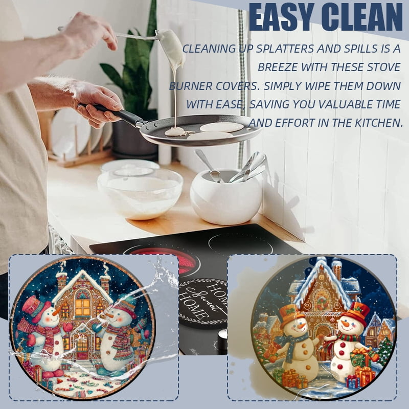 Christmas Stove Burner Covers for Electric Stove, Christmas Snowman and Candy Castle Xmas Decorative Round Mental Electric Range Burner Covers Set of 4 for Kitchen, 8 Inches and 10 Inches