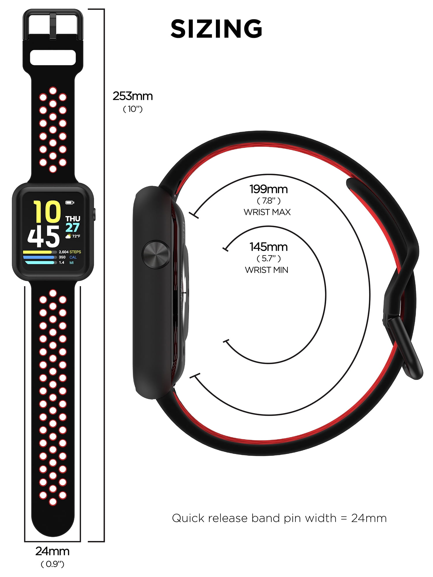 iTech Fusion 3 Unisex Adult Rectangular Smart Watch, Black/Red, Perforated Strap