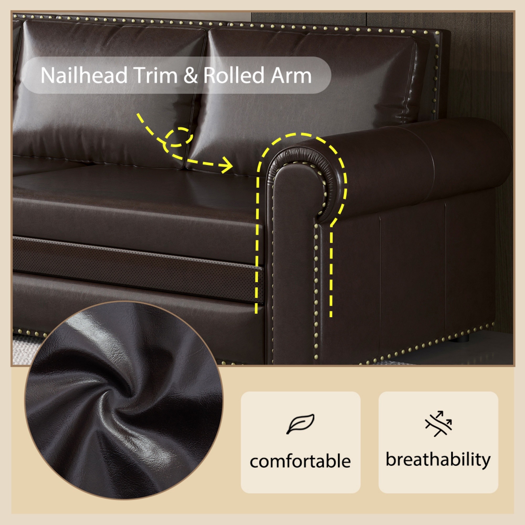 Aukfa 93.7" King Pull Out Sofa Bed, Faux Leather 3-in-1 Convertible Chesterfield Sleeper Sofa Couch with Nailhead Trim & Rolled Arms, Dark Brown