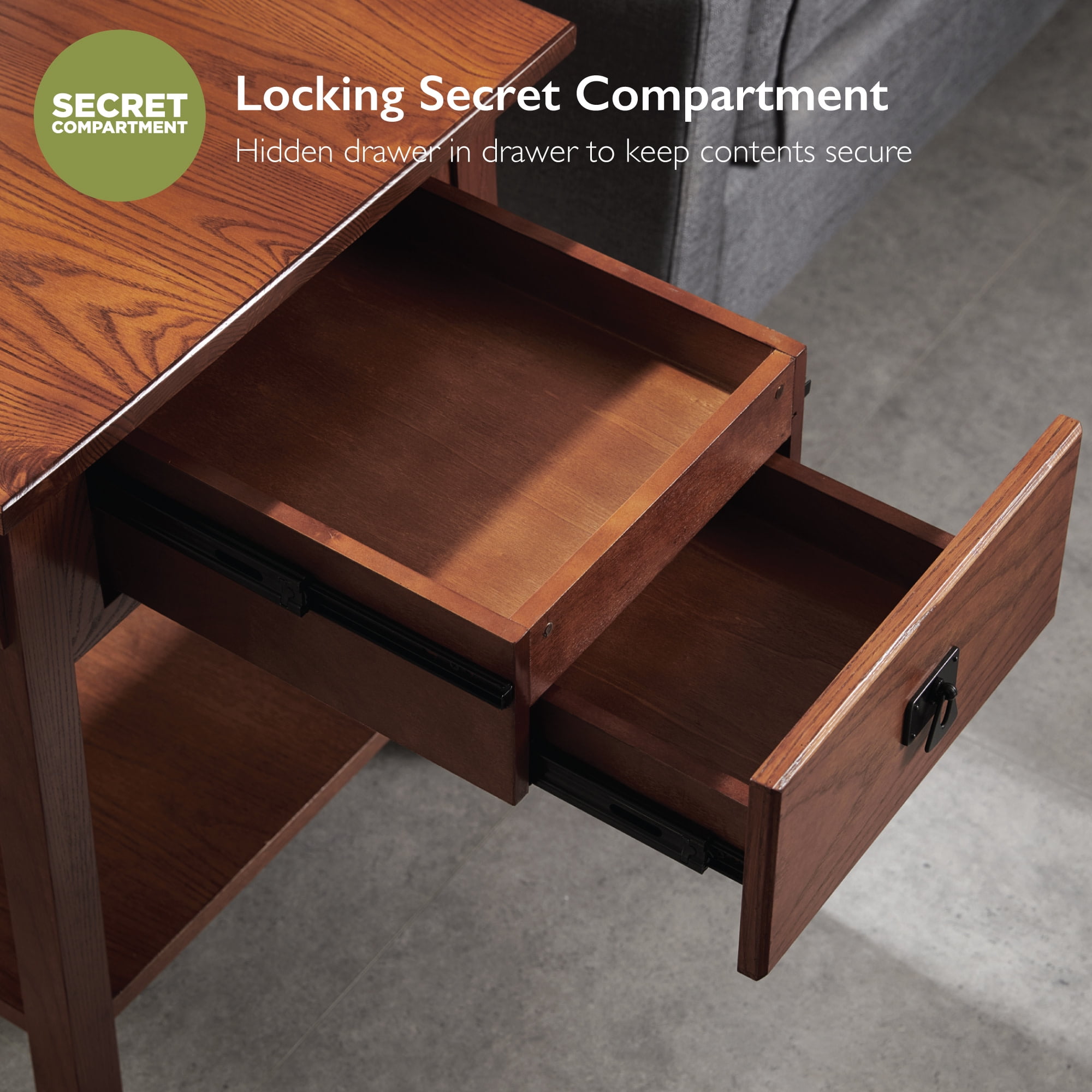 Leick Home Solid Wood Mission End Table with Locking Secret Compartment, Russet Finish