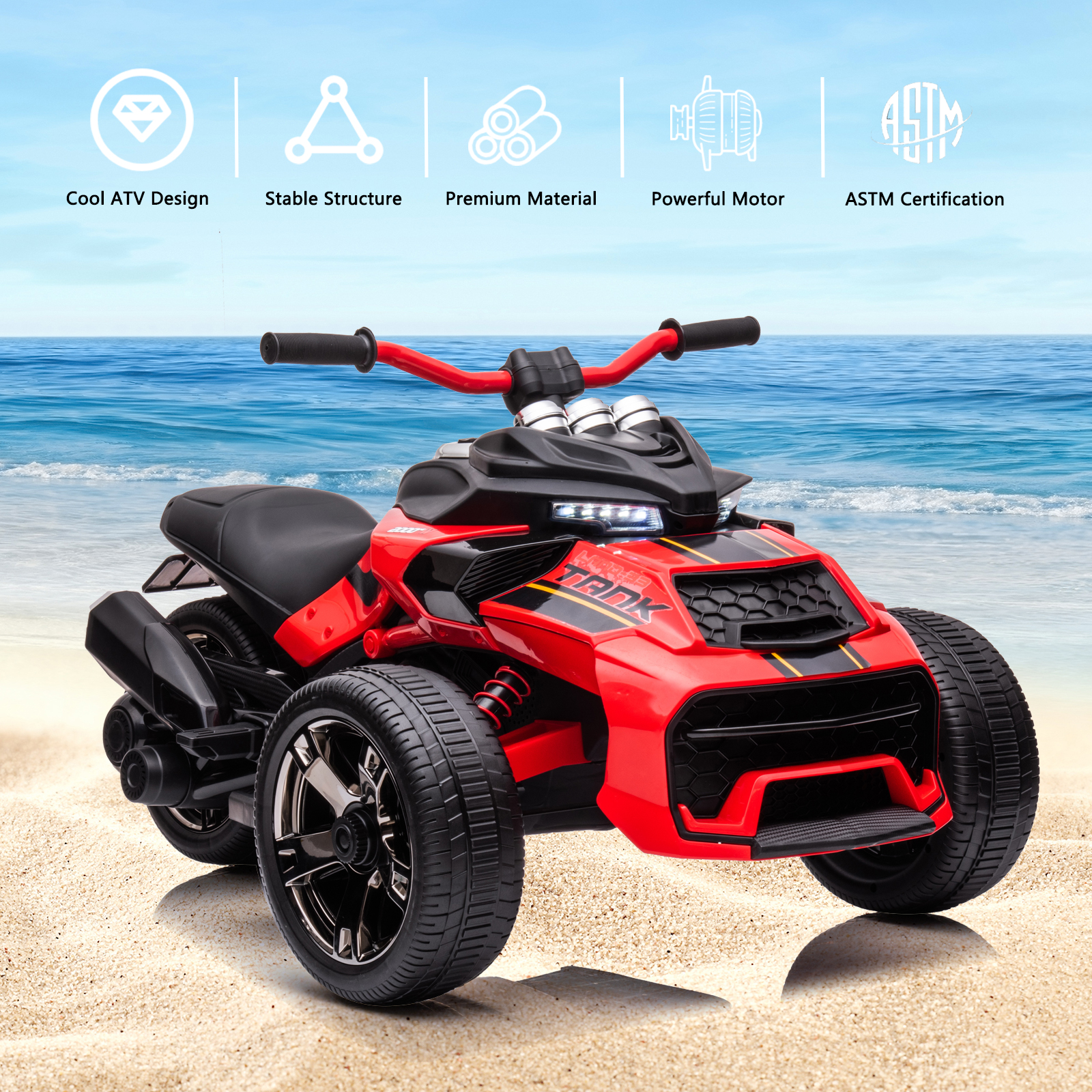 LUIBAS 24V Kids ATV Ride On Motorcycle Electric 3 Wheeler Ride-On Electric ATV Kids Ride On Toys for Kids with Battery Powered Motor, EVA Wheels, w/LED Lights, Bluetooth, MP3 for 3+ Years, Red
