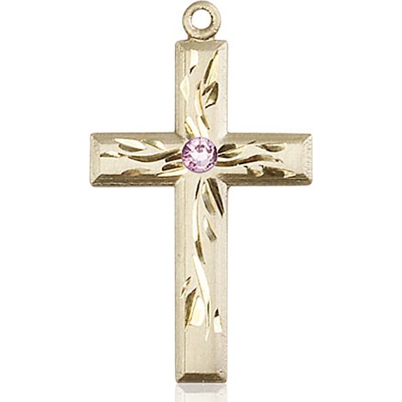 14kt Yellow Gold Cross Medal with 3mm Light February Purple Swarovski Crystal 1 1/8 x 5/8 inches