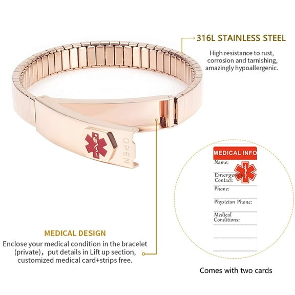 Wollet Rose Gold Stainless Steel Medical Alert Bracelet for Women, Elastic ID Bangle Personalized, 6.88 inches(17.5cm) Width:8MM, Engraved Gold