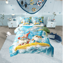 Erosebridal Gnome Surfing Bedding Sets Twin Size,Ocean Sea Comforter Sets with Sheets,Summer Holiday Bed in a Bag Twin size,Microfiber Cartoon Bedroom Decorative,Reversible,7-Piece