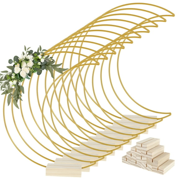 10Pcs Metal Floral Hoop Table Centerpiece with Wood Base Moon Shape Metal Hoop Centerpiece Elegant Moon Metal Hoop Sturdy Gold Hoop Centerpieces Wreath Ring Stand for DIY Decoration Crafts