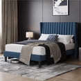 thumbnail image 2 of Fullfurnique Upholstered Bed Frame with Wing Side and Channel Headboard, Full, Navy Blue, 2 of 9