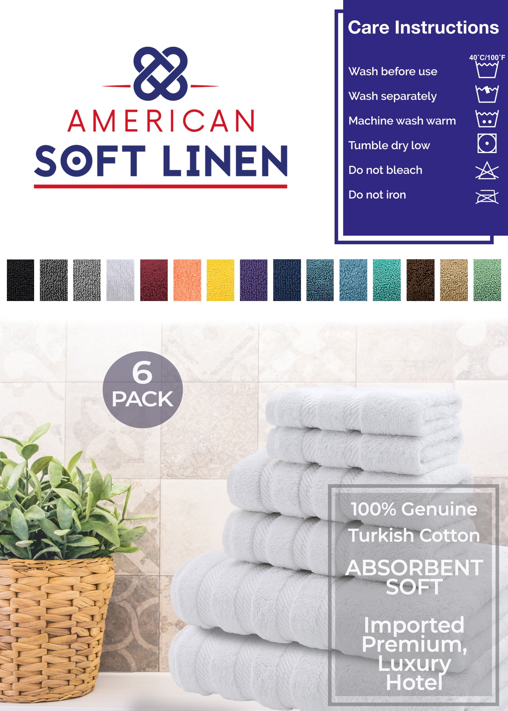 American Soft Linen Luxury 6 Piece Towel Set, 2 Bath Towels 2 Hand Towels 2  Washcloths, 100% Turkish Cotton Towels for Bathroom, White Towel Sets