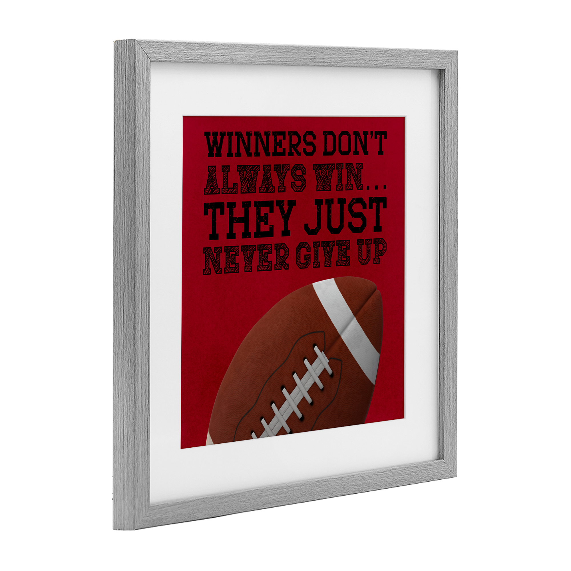 Winners Never Give Up Gray Framed Print Under Glass, design by Marcus Prime