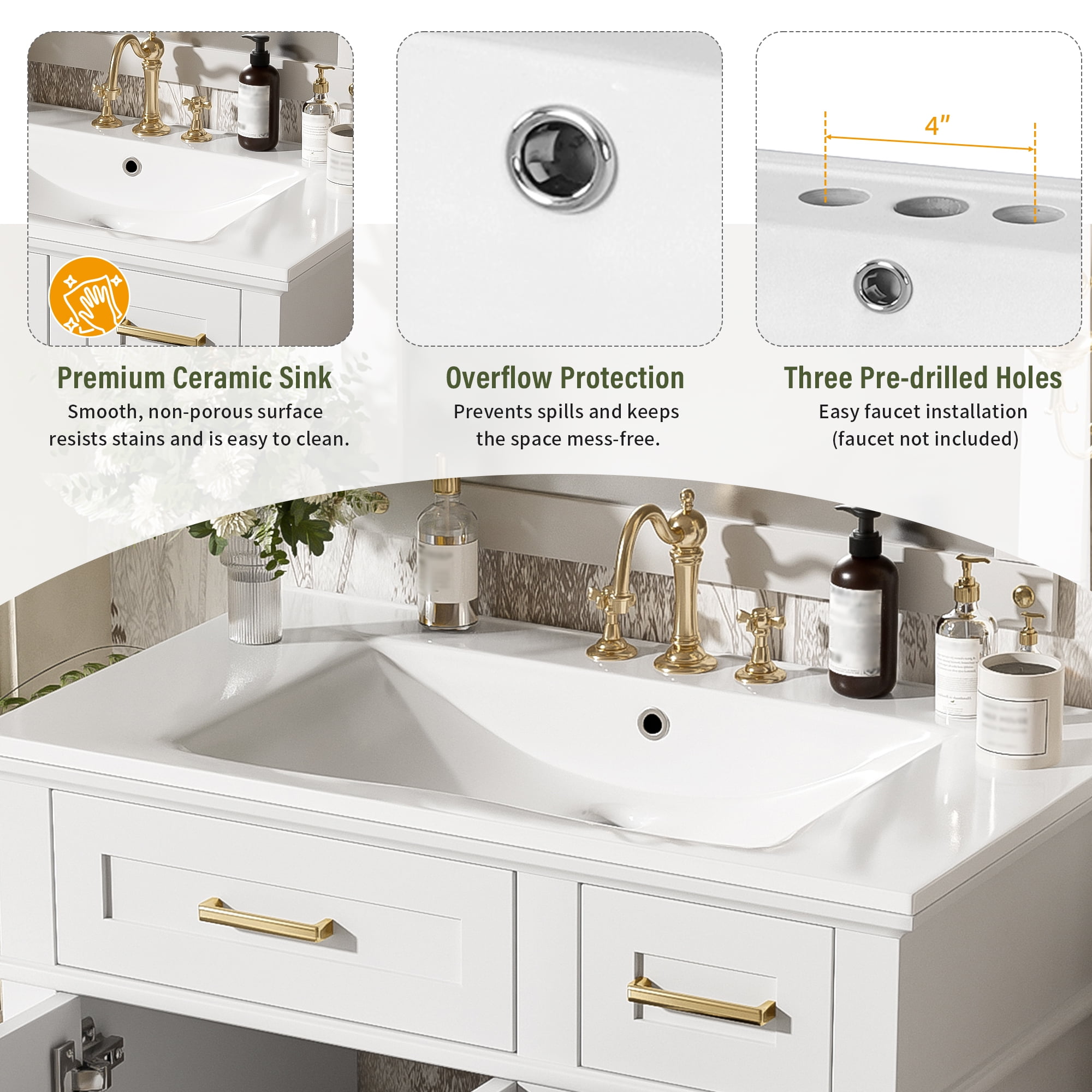 Euroco 30" Bathroom Vanity with Ceramic Sink, Deep & Standard Drawers, Stylish Bath Vanity for Small Bathrooms