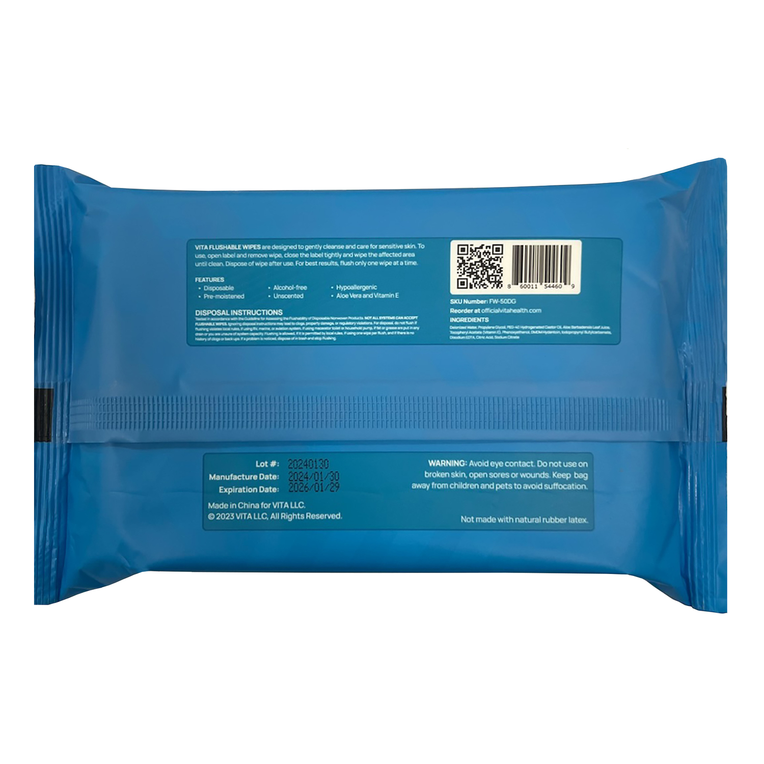 Achim Vita Unscented Flushable Wipes 6.8in x 5.3in - 24 Resealable Packs -1200 total wipes