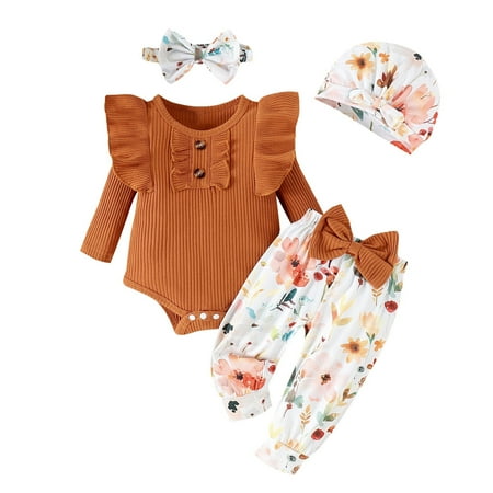 

Baby Girls Outfit Sets Popular To Long Sleeve Printing Print Pants Hat Headband Fall Outfit Sets 4 Piece 3 Piece 6-12 Months