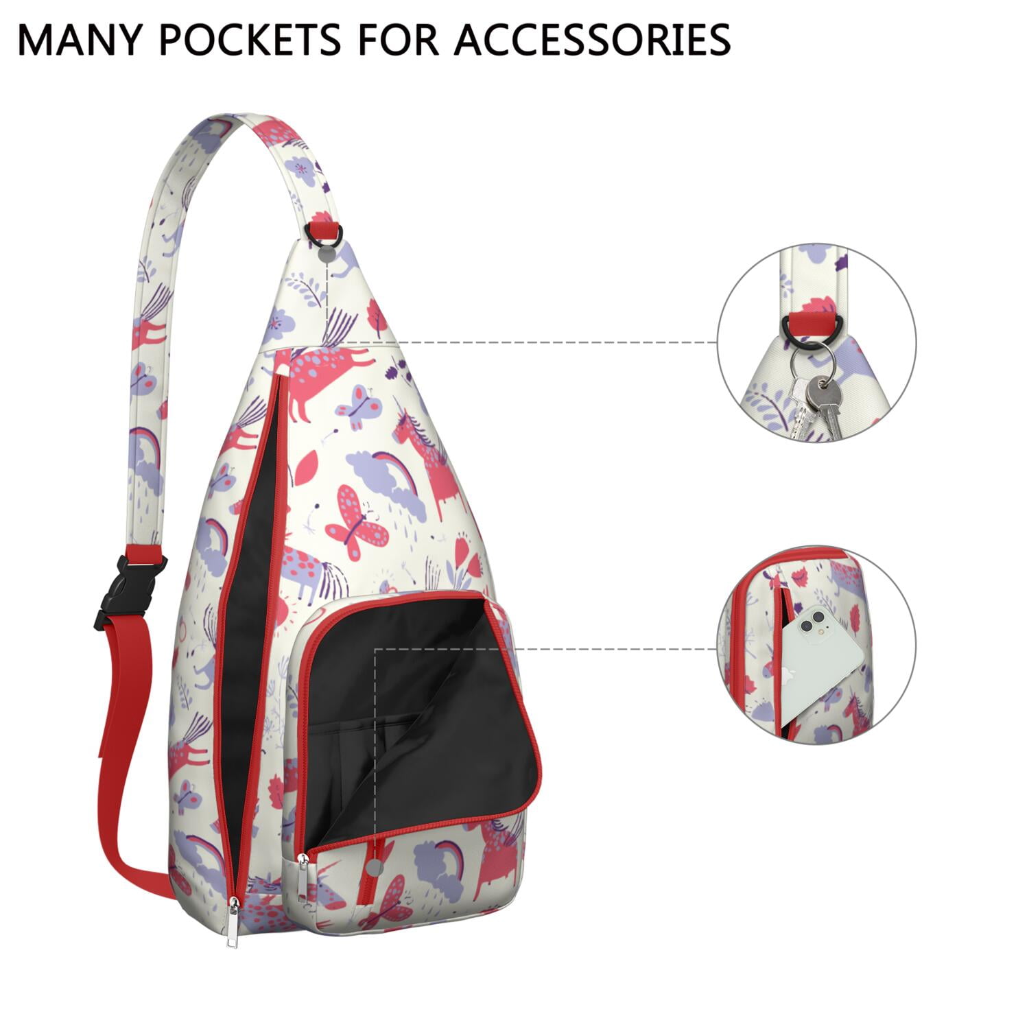 Magical Mythical Horse Sling Bag - Unicorn Rainbow Cartoon Print (Multi-Pocket Organized, Adjustable & Waterproof)