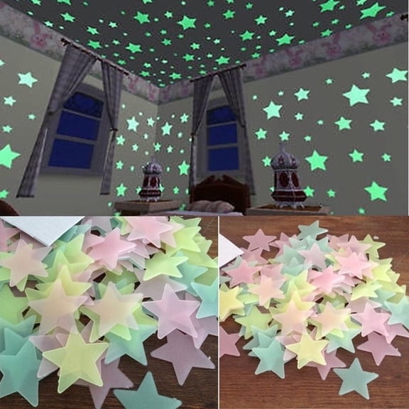 100Pcs Colorful Glow in The Dark Luminous Stars Fluorescent Noctilucent Wall Stickers Murals Decals for Home Art Decor, Ceiling Wall Decorate Bedroom Room Decorations 1.19"