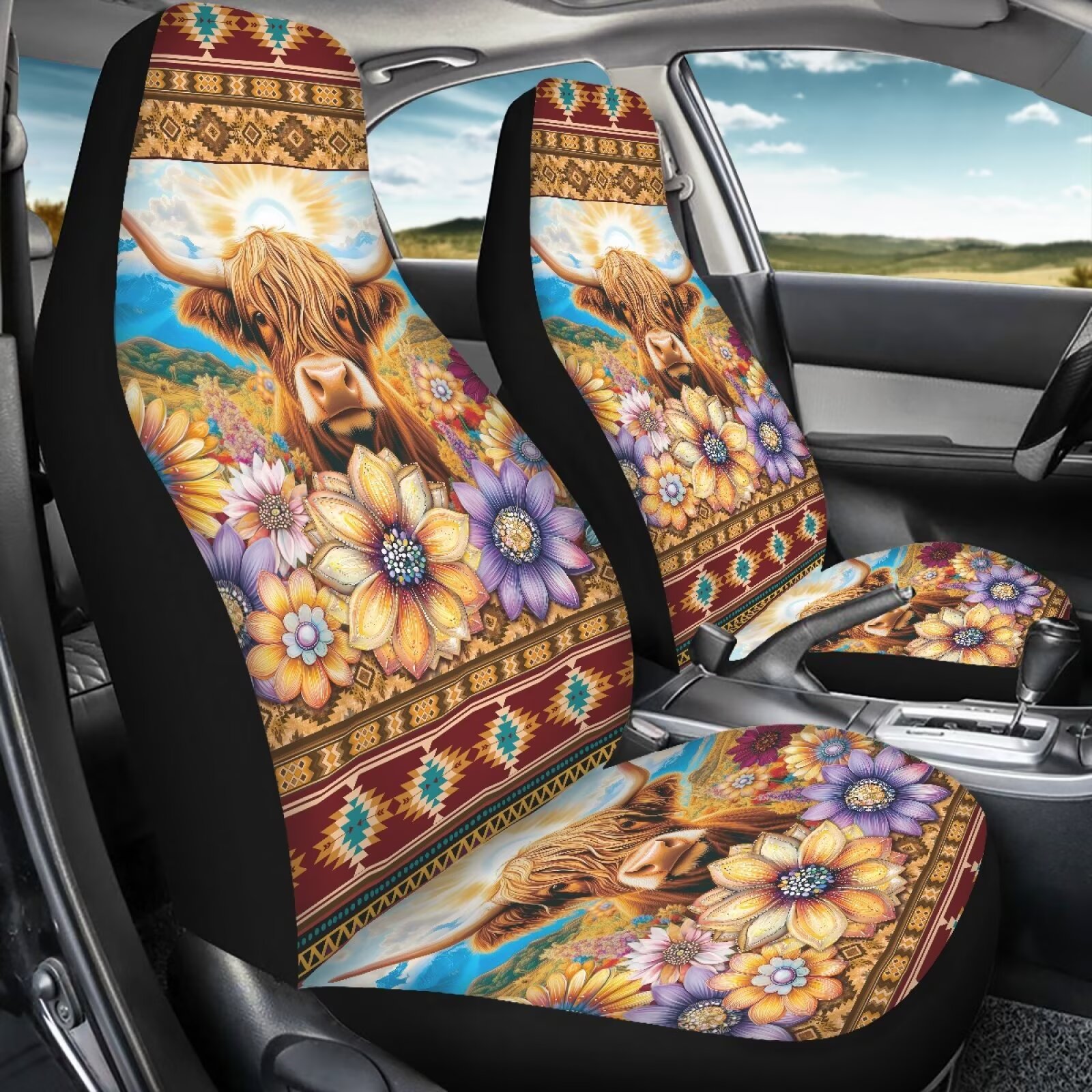 Binienty Highland Cow Car Seat Covers Set of 2 Aztec Floral Vehicle Front Seat Cushions Automobile Seats Protector Pad Mat Auto Interior Accessories for Women Girly Highland Cow Lovers