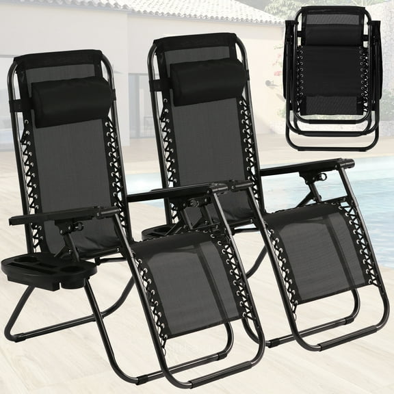 Set of 2 Zero Gravity Chairs Folding Reclining Lounge Chairs Adjustable Beach Chair with Pillow and Cup Holder for Outdoor Pool Side Camping Yard Beach (2, Black)