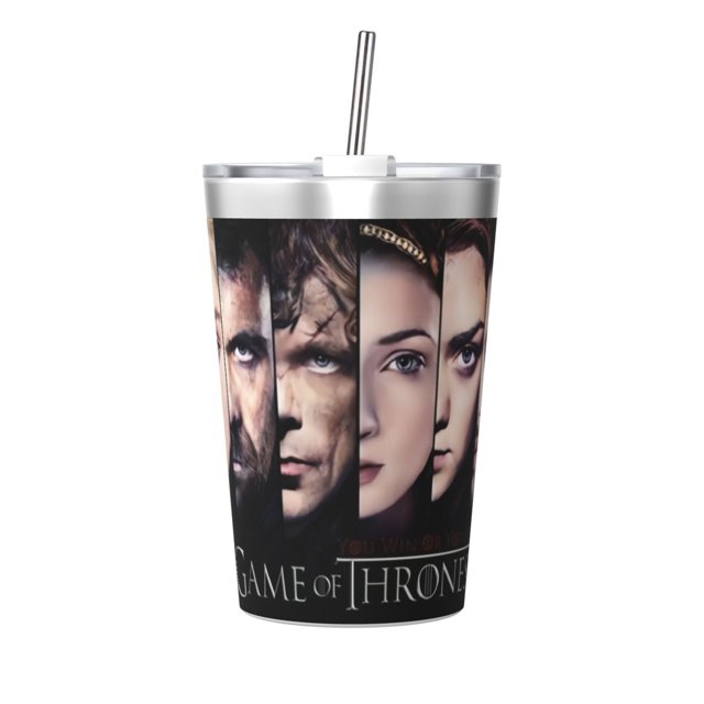 Termo de Juego de Tronos con pajita cónica, doble pared, aislado al vacío, impresión de acero inoxidable, 12 oz, color blanco